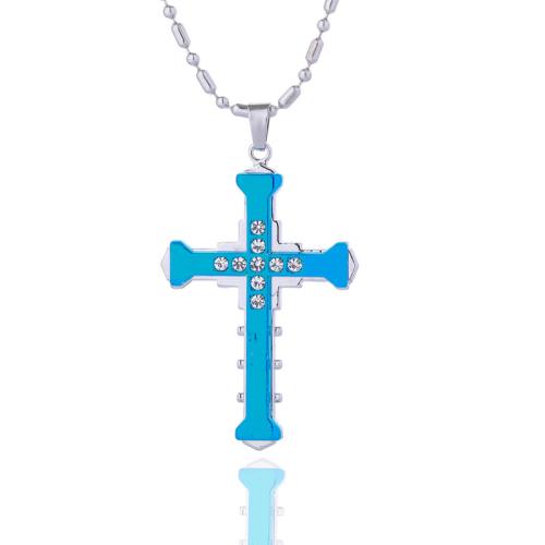 Titanium Steel Necklace, with Tibetan Style pendant, Cross, plated, for man & with rhinestone, more colors for choice, Length:Approx 23.6 Inch, Sold By PC