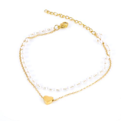 Stainless Steel Anklet, 304 Stainless Steel, with Plastic Pearl, with 5cm extender chain, Heart, Double Layer & fashion jewelry & for woman, golden, Length:Approx 21 cm, Sold By PC