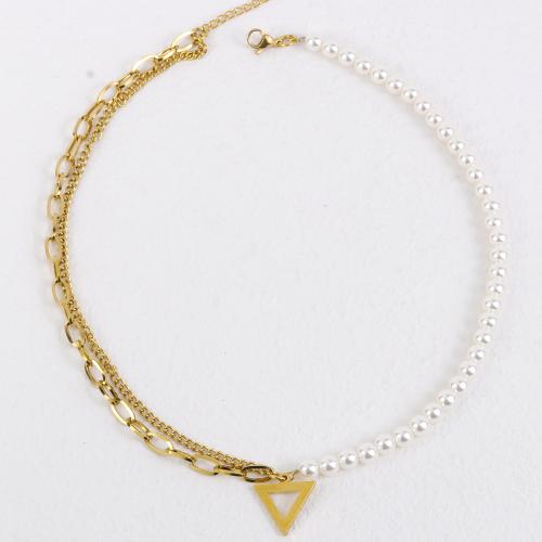 Stainless Steel Jewelry Necklace, 304 Stainless Steel, with Plastic Pearl, with 5cm extender chain, Triangle, fashion jewelry & Unisex, golden, Length:Approx 43 cm, Sold By PC