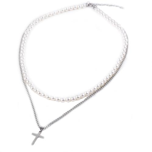 Stainless Steel Jewelry Necklace, 304 Stainless Steel, with Plastic Pearl, with 5cm extender chain, Cross, Double Layer & fashion jewelry & for man, original color, Length:Approx 45 cm, Approx 50 cm, Sold By PC