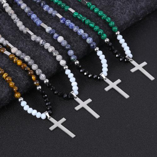 Stainless Steel Jewelry Necklace 304 Stainless Steel with Gemstone Cross fashion jewelry & Unisex Length Approx 50 cm Sold By PC