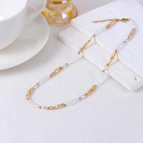 Stainless Steel Jewelry Necklace, 304 Stainless Steel, with Crystal & Plastic Pearl, with 5cm extender chain, fashion jewelry & for woman, golden, Length:Approx 43 cm, Sold By PC