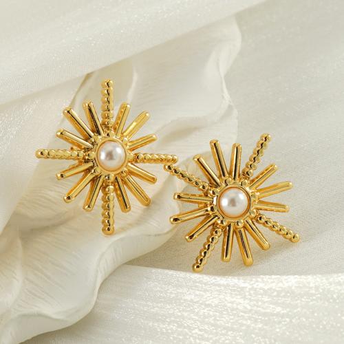 Stainless Steel Stud Earrings 304 Stainless Steel with Plastic Pearl 18K gold plated fashion jewelry & for woman golden Sold By Pair