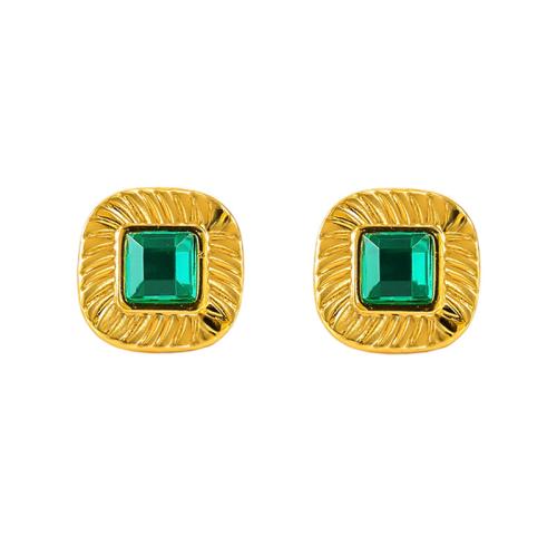 Stainless Steel Stud Earrings, 304 Stainless Steel, with Glass, 18K gold plated, fashion jewelry & for woman, golden, 12x12mm, Sold By Pair