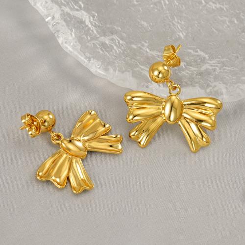 Stainless Steel Drop Earring, 304 Stainless Steel, Bowknot, 18K gold plated, fashion jewelry & for woman, golden, 26x27mm, Sold By Pair