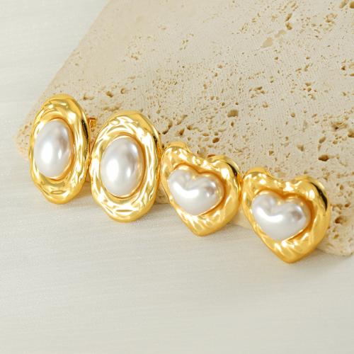 Pendientes de Acero Inoxidable, acero inoxidable 304, con Perlas plásticas, 18K chapado en oro, Joyería & diferentes estilos para la opción & para mujer, dorado, Vendido por Par