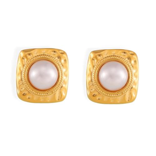 Titanium Steel  Earring, with Plastic Pearl, fashion jewelry & for woman, golden, 26x25mm, Sold By Pair