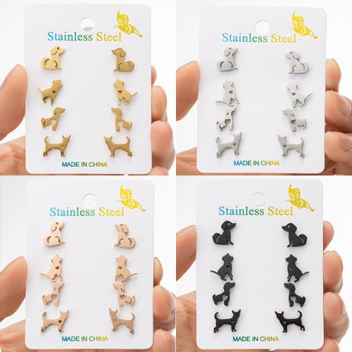 Stainless Steel Stud Earrings, 304 Stainless Steel, Dog, Vacuum Ion Plating, fashion jewelry & for woman, more colors for choice, 4Pairs/Set, Sold By Set