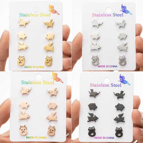 Stainless Steel Stud Earrings, 304 Stainless Steel, Pig, Vacuum Ion Plating, fashion jewelry & for woman, more colors for choice, 4Pairs/Set, Sold By Set