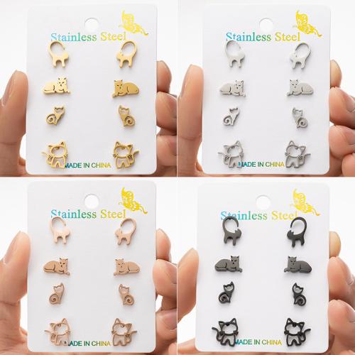 Stainless Steel Stud Earrings, 304 Stainless Steel, Cat, Vacuum Ion Plating, fashion jewelry & for woman, more colors for choice, 4Pairs/Set, Sold By Set