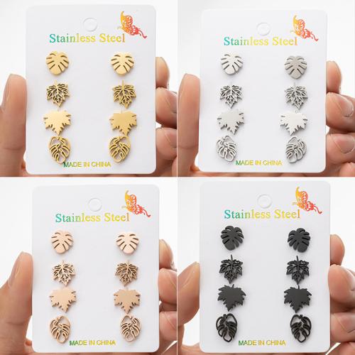 Stainless Steel Stud Earrings, 304 Stainless Steel, Leaf, Vacuum Ion Plating, fashion jewelry & for woman, more colors for choice, 4Pairs/Set, Sold By Set