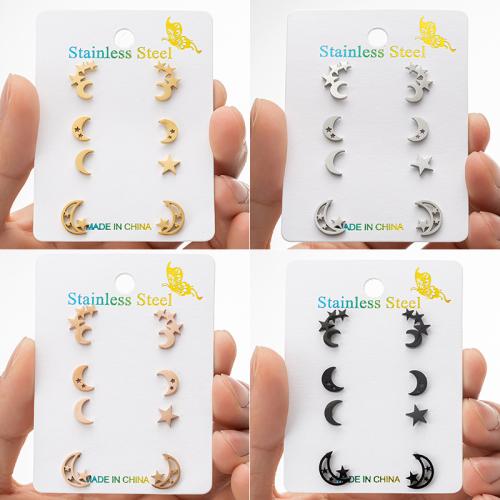 Stainless Steel Stud Earrings, 304 Stainless Steel, Moon and Star, Vacuum Ion Plating, fashion jewelry & for woman, more colors for choice, 4Pairs/Set, Sold By Set