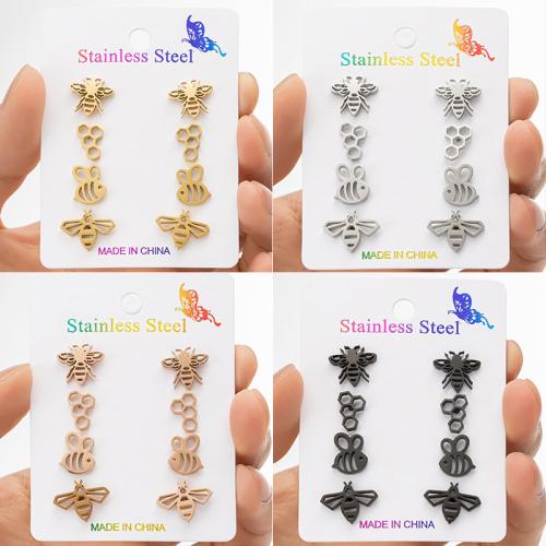 Stainless Steel Stud Earrings, 304 Stainless Steel, Bee, Vacuum Ion Plating, fashion jewelry & for woman, more colors for choice, 4Pairs/Set, Sold By Set