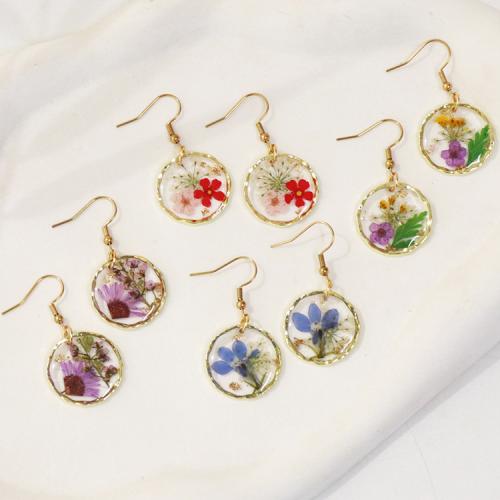 Pressed Dried Flower Jewelry , Tibetan Style, with Dried Flower & Resin, Round, gold color plated, different size for choice & for woman, more colors for choice, nickel, lead & cadmium free, 21x21mm, Sold By Pair