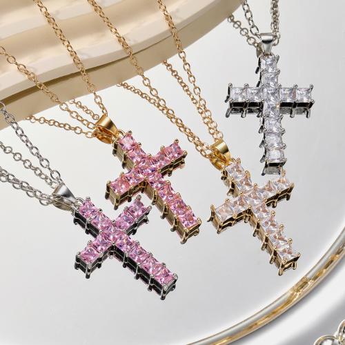 Brass Necklace, with Crystal, with 4.2cm extender chain, Cross, plated, fashion jewelry, more colors for choice, nickel, lead & cadmium free, 35mm, Length:46.5 cm, Sold By PC