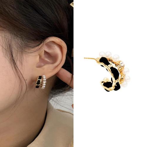 Tibetan Style Stud Earring, with Plastic Pearl, gold color plated, fashion jewelry, golden, nickel, lead & cadmium free, 15mm, Sold By Pair