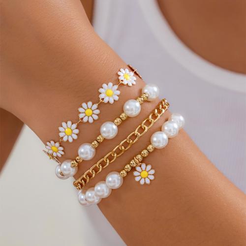 Zinc Alloy Bracelet with Plastic Pearl gold color plated 4 pieces & fashion jewelry golden nickel lead & cadmium free Sold By Set