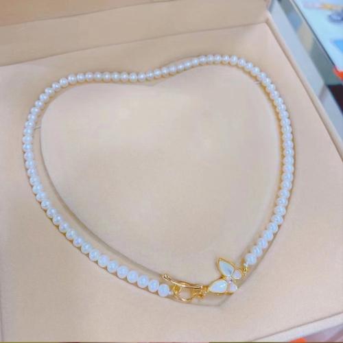 Freshwater Pearl Brass Necklace with Brass fashion jewelry & micro pave cubic zirconia white Length 40 cm Sold By PC