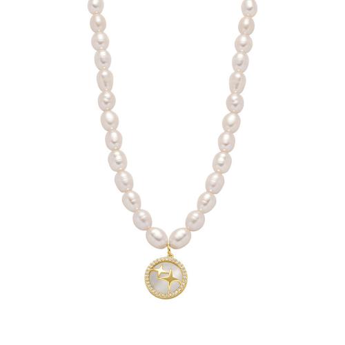 Freshwater Pearl Brass Necklace with Cats Eye & Brass with 7cm extender chain fashion jewelry white Length 34 cm Sold By PC