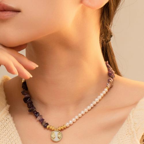 Brass Necklace, with Shell & Freshwater Pearl & Amethyst, with 5cm extender chain, gold color plated, fashion jewelry & with rhinestone, mixed colors, nickel, lead & cadmium free, Length:37 cm, Sold By PC