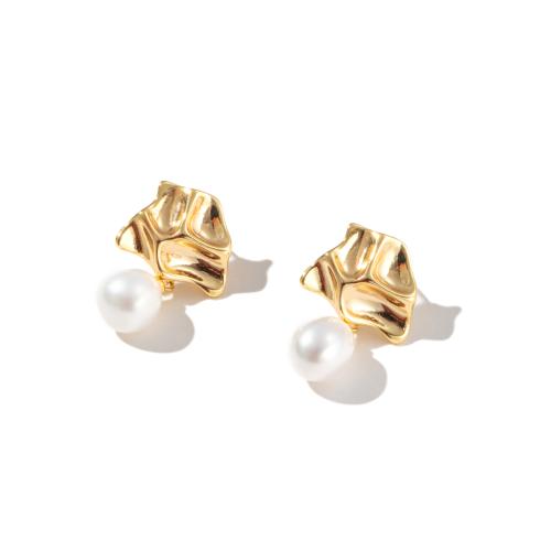 Brass Drop Earring, with Freshwater Pearl, gold color plated, fashion jewelry, golden, nickel, lead & cadmium free, 20x15mm, Sold By Pair