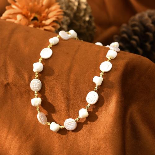 Brass Necklace, with Shell & Freshwater Pearl, with 5cm extender chain, gold color plated, fashion jewelry, mixed colors, nickel, lead & cadmium free, Length:41 cm, Sold By PC