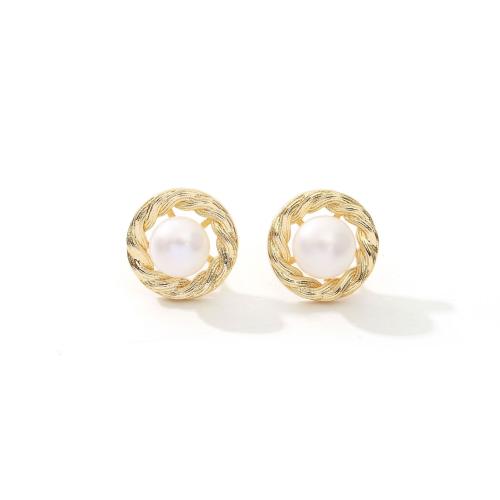 Brass Stud Earring with Freshwater Pearl gold color plated fashion jewelry golden nickel lead & cadmium free Sold By Pair