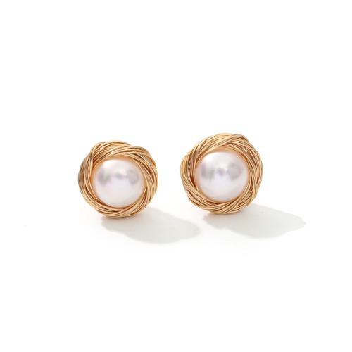 Brass Stud Earring with Freshwater Pearl gold color plated fashion jewelry golden nickel lead & cadmium free Sold By Pair