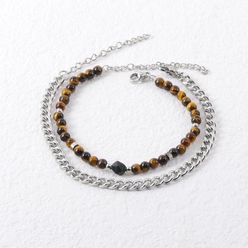 Stainless Steel Jewelry Bracelet, 304 Stainless Steel, with Tiger Eye & Agate, with 5cm extender chain, polished, 2 pieces & fashion jewelry & for man, original color, Length:19 cm, Sold By Set