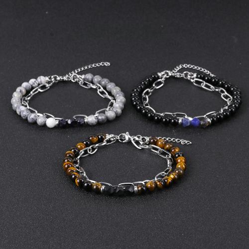 Edelstahl Schmuck Armband, 304 Edelstahl, mit Edelstein & Achat, mit Verlängerungskettchen von 5cm, Doppelschicht & verschiedenen Materialien für die Wahl & für den Menschen, originale Farbe, Länge:20 cm, verkauft von PC