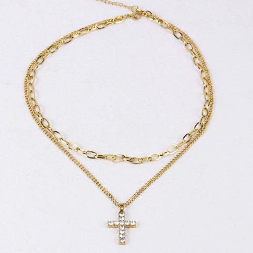 Stainless Steel Jewelry Necklace 304 Stainless Steel gold color plated Double Layer & for man & with rhinestone Sold By PC