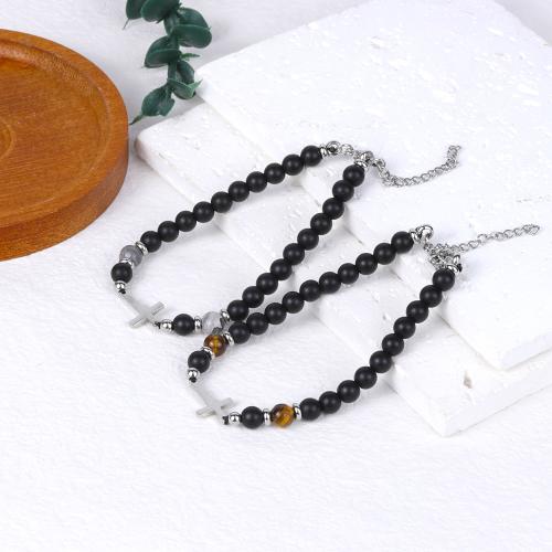 Gemstone Bracelets, Abrazine Stone, with Gemstone & 304 Stainless Steel, with 5cm extender chain, fashion jewelry & different materials for choice & Unisex, black, Length:20 cm, Sold By PC