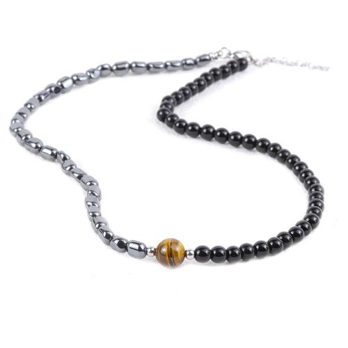 Collier bijoux de pierre gemme, pierre noire, avec oeil de tigre & Hématite & Acier inoxydable 304, avec 5cm chaînes de rallonge, bijoux de mode & pour homme, Longueur:50 cm, Vendu par PC