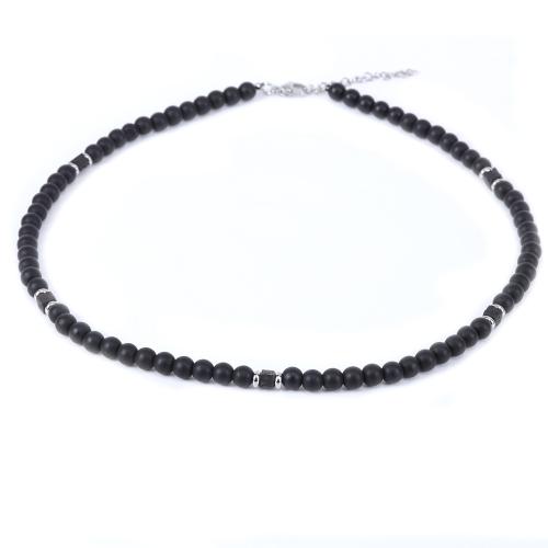 Natural Gemstone Necklace, Abrazine Stone, with Lava & 304 Stainless Steel, with 5cm extender chain, fashion jewelry & for man, black, Length:46 cm, Sold By PC