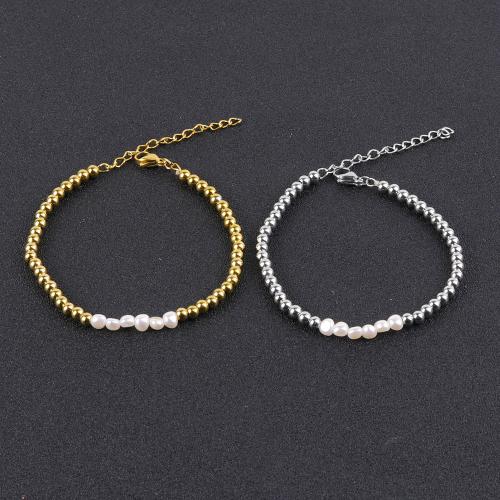 Stainless Steel Jewelry Bracelet, 304 Stainless Steel, with Plastic Pearl, with 5cm extender chain, plated, fashion jewelry & for woman, more colors for choice, Length:17 cm, Sold By PC