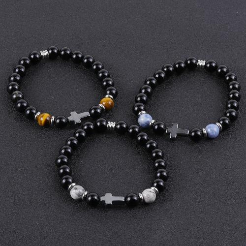 Gemstone Bracelets Black Stone with Gemstone & Hematite & 304 Stainless Steel handmade fashion jewelry & for man black Length 19.5 cm Sold By PC