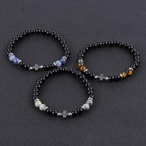 Natural Gemstone Necklace, Black Stone, with Gemstone & Hematite & 304 Stainless Steel, handmade, fashion jewelry & different materials for choice & for man, black, Length:19.5 cm, Sold By PC