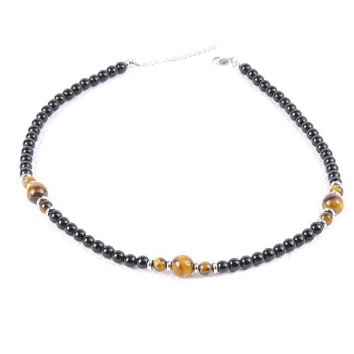 Collier bijoux de pierre gemme, Pierre naturelle, avec oeil de tigre & Acier inoxydable 304, avec 5cm chaînes de rallonge, poli, bijoux de mode & pour homme, noire, Longueur:45 cm, Vendu par PC