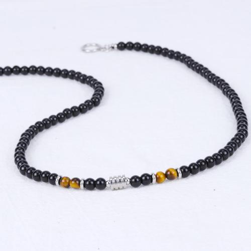 Natural Gemstone Necklace, Black Stone, with Gemstone & 304 Stainless Steel, polished, fashion jewelry & different materials for choice & for man, black, Length:55 cm, Sold By PC