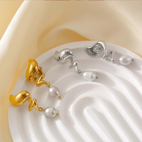 Stainless Steel Stud Earrings 304 Stainless Steel with Freshwater Pearl plated fashion jewelry & for woman Sold By Pair