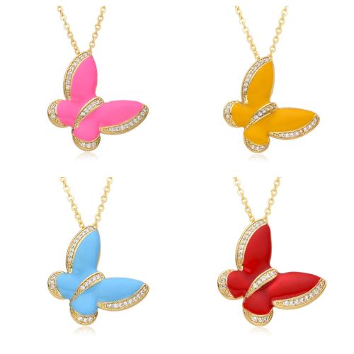 Cubic Zircon Micro Pave Brass Necklace, Butterfly, plated, micro pave cubic zirconia & for woman & enamel, more colors for choice, Length:Approx 41-50 cm, Sold By PC