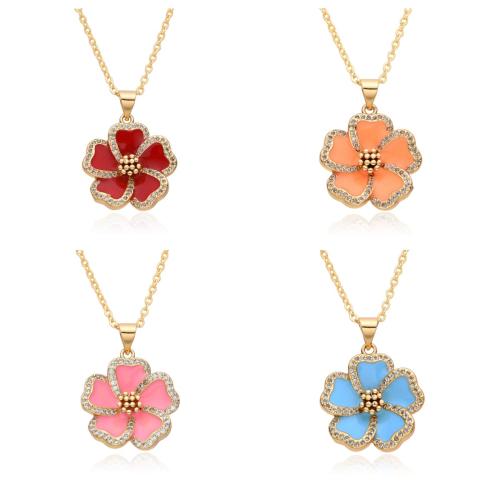 Cubic Zircon Micro Pave Brass Necklace, petals, plated, micro pave cubic zirconia & for woman & enamel, more colors for choice, Length:Approx 41-50 cm, Sold By PC