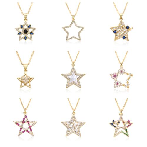 Cubic Zircon Micro Pave Brass Necklace, with Shell, Star, plated, different styles for choice & micro pave cubic zirconia & for woman, golden, Length:Approx 41-50 cm, Sold By PC