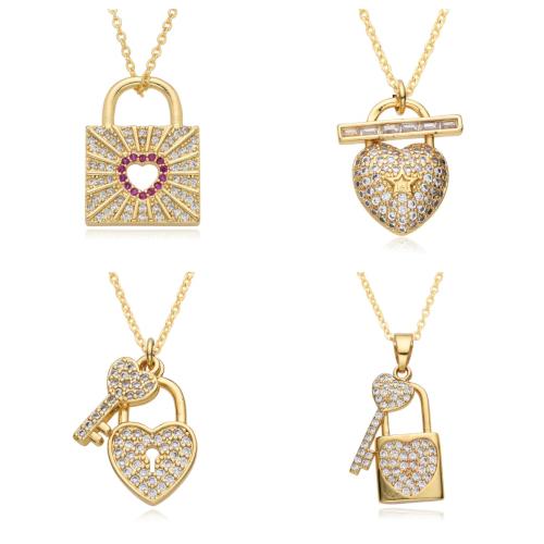 Cubic Zircon Micro Pave Brass Necklace, Lock, plated, different styles for choice & micro pave cubic zirconia & for woman, golden, Length:Approx 41-50 cm, Sold By PC