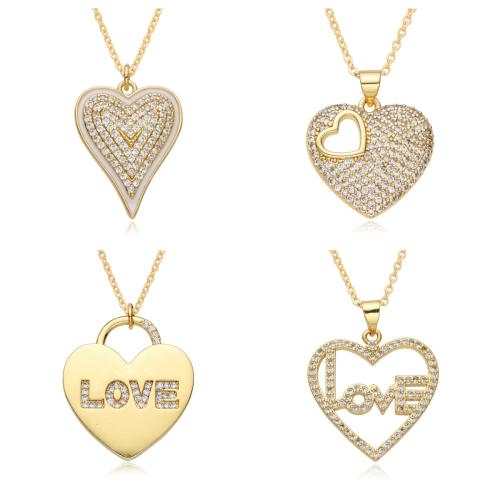 Cubic Zircon Micro Pave Brass Necklace, Heart, plated, different styles for choice & micro pave cubic zirconia & for woman, golden, Length:Approx 41-50 cm, Sold By PC