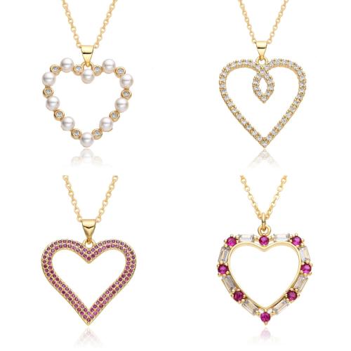 Cubic Zircon Micro Pave Brass Necklace with Plastic Pearl Heart plated & micro pave cubic zirconia & for woman golden Length Approx 41-50 cm Sold By PC