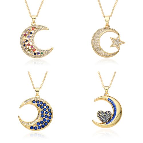 Cubic Zircon Micro Pave Brass Necklace Moon plated & micro pave cubic zirconia & for woman & enamel golden Length Approx 41-50 cm Sold By PC