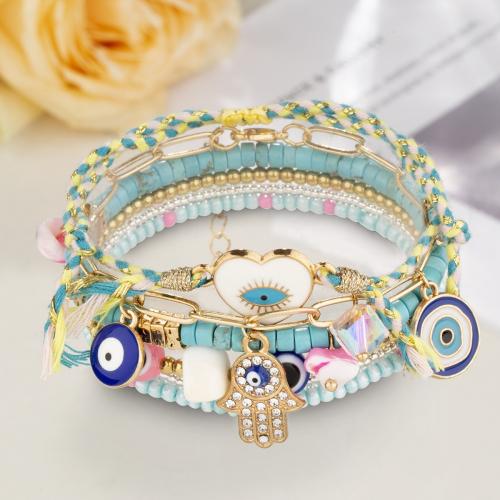 Tibetan Style Bracelet, with Cotton Thread & Seedbead & turquoise & Crystal, handmade, 6 pieces & micro pave cubic zirconia & for woman & enamel, mixed colors, Sold By Set