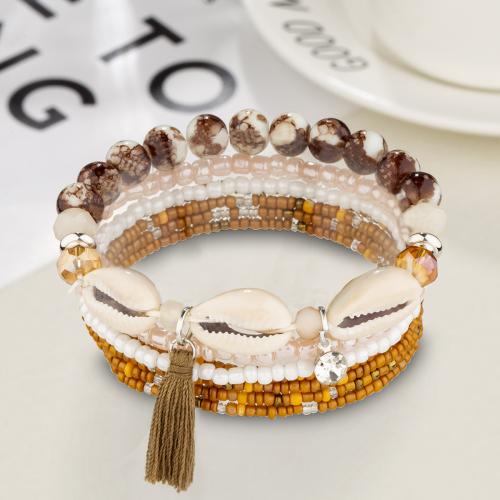 Bracciale in lega di zinco, lega in zinco, with Filo di cotone & Seedbead & conchiglia & cristallo & vetro & perla in plastica, fatto a mano, 7 pezzi & Micro spianare cubic zirconia & per la donna, colori misti, Venduto da set