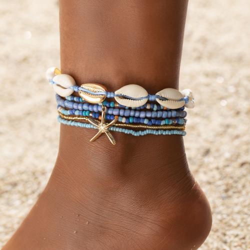 Tibetan Style Anklet, with Seedbead & Shell, 6 pieces & for woman, mixed colors, Sold By Set